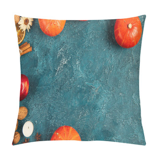 Personality  Thanksgiving Backdrop With Pumpkins, Walnuts And Colorful Autumnal Objects On Blue Textured Surface Pillow Covers