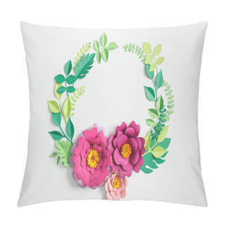 Personality  Top View Of Pink Paper Flowers And Leaves On Grey Background Pillow Covers