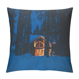 Personality  Beautiful Scandinavian Finnish Swedish Norwegian Wooden Cottage Cabin Near Slopes On A Ski Resort In The Night Time Pillow Covers
