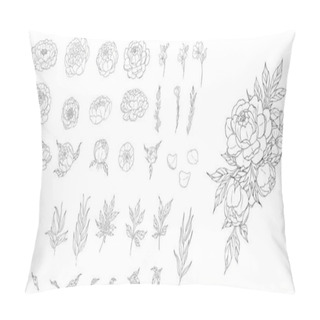 Personality  Big Set Of Peony Flowers And Leaves For Making Tattoo Compositions. Black Linear Illustration Isolated On A White Background. Pillow Covers
