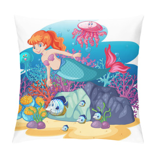 Personality  Cute Mermaid With Animal Sea Theme Scene Cartoon Style Isolated Illustration Pillow Covers
