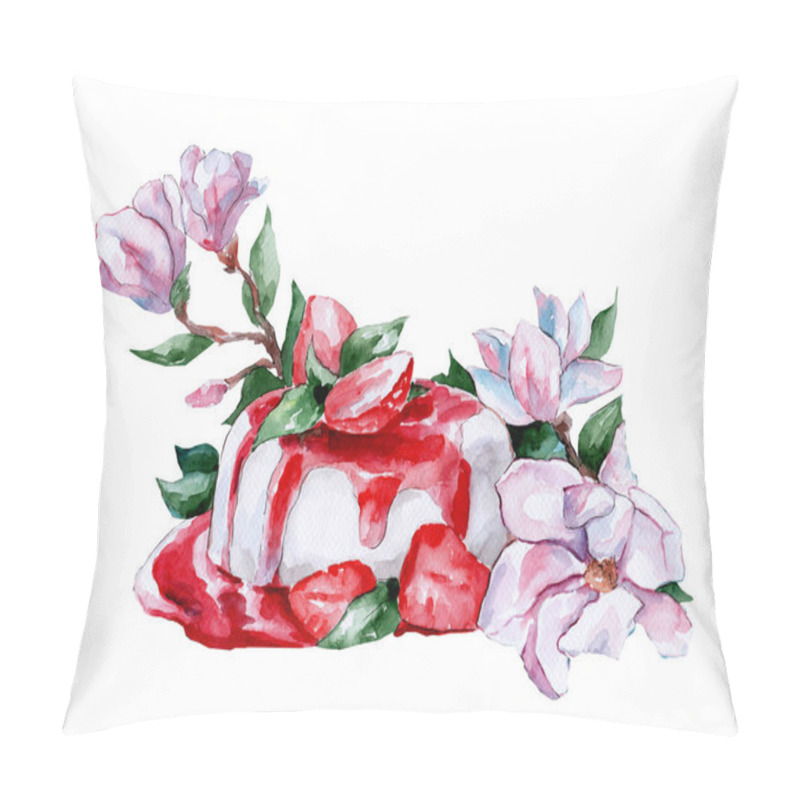 Personality  Watercolor illustration of panacotte with strawberry syrup and pink magnolias and leaves. Healthy sweets and desserts. Fresh fruits and flowers. Spring flowers pillow covers