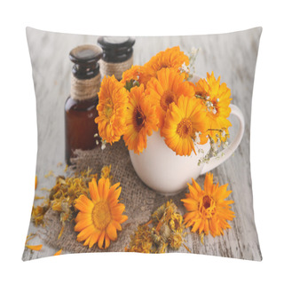 Personality  Medicine Bottles And Calendula Flowers On Wooden Background Pillow Covers