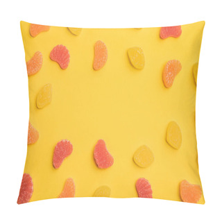 Personality  Top View Of Delicious Lemon, Grapefruit And Orange Jellies On Yellow Background With Copy Space Pillow Covers