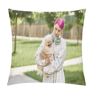 Personality  Loving Pet Owner With Purple Hair And Headphones Walking With Loveable Pomeranian Spitz In Hands Pillow Covers