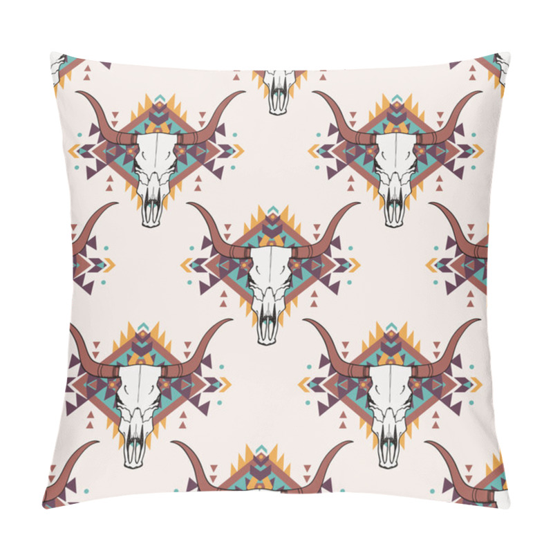 Personality  Vector tribal seamless pattern with bull skull and decorative ethnic ornament. Boho style. American indian motifs. pillow covers