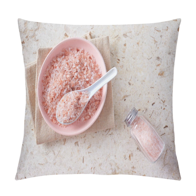 Personality  Pink Himalayan Salt In The Small Pink Bowl On Marble Surface. Pillow Covers