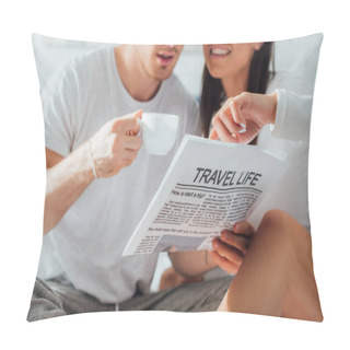 Personality  Cropped View Of Young Couple In Pajamas Holding Coffee And Reading Newspaper With Travel Life Article At Home Pillow Covers
