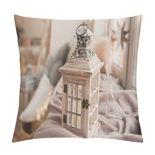 Personality  Home Decoration, Wooden Candlestick In The Form Of A Street Lamp On The Background Of A Cozy Interior In The Style Of Boho Pillow Covers