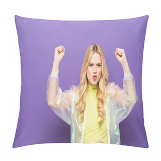 Personality  Blonde Young Woman In Colorful Outfit Showing Yeah Gesture On Purple Background Pillow Covers