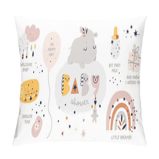 Personality  Baby Shower Collection With Vector Cartoon Doodle Elements For The Design: Baby Animal, Hippopotamus, Rainbow, Gift, Balloon, Clouds, Baby Bottle. Little Hippo Sleep On The Cloud. Pillow Covers
