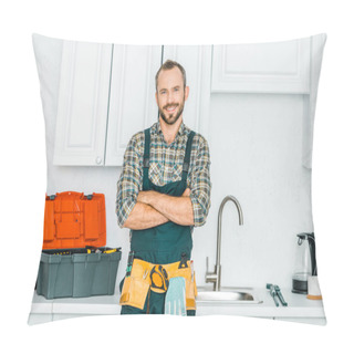 Personality  Smiling Handsome Plumber Standing With Crossed Arms And Looking At Camera In Kitchen Pillow Covers