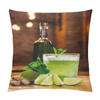 Personality  Close-up View Of Green Van Gogh Cocktail In Glass With Bottle Of Absinthe On Wooden Table  Pillow Covers