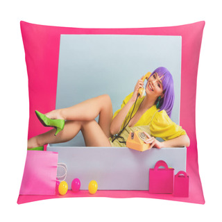 Personality  Smiling Girl In Purple Wig As Doll Talking On Vintage Phone While Sitting In Blue Box With Balls And Shopping Bags, On Pink Pillow Covers
