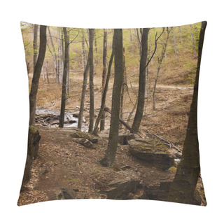 Personality  River Stream Waterfall In Forest Landscape, Tranquil Waterfall Scenery In The Middle Of Green Forest Pillow Covers