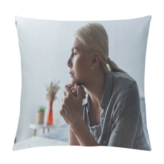 Personality  Side View Of Worried Blonde Woman With Menopause Looking Away In Bedroom  Pillow Covers