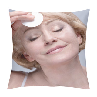 Personality  Portrait Of Attractive  Caucasian Smiling Mature Woman Blond Studio Shot Face Care Cotton Disc Cleaning Face Pillow Covers