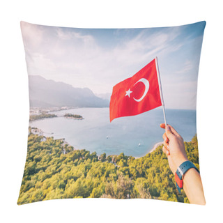 Personality  Turkish Flag In Hand Against Stunning View Of Kemer Sea Coast And Taurus Mountains Pillow Covers