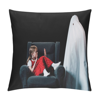 Personality  Direful Ghost Standing Near Scared Girl Sitting In Armchair Isolated On Black Pillow Covers