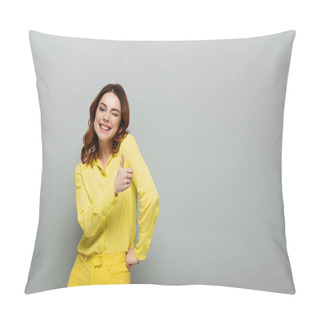 Personality  Happy Woman Winking And Showing Thumb Up While Standing With Hand On Hip On Grey Pillow Covers