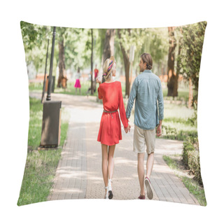 Personality  Back View Of Girlfriend And Boyfriend Walking Together In Park And Looking At Each Other Pillow Covers