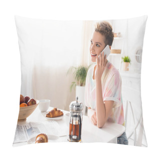 Personality  Cheerful Pangender Person Talking On Smartphone Near Croissants, Fruits And Teapot In Kitchen Pillow Covers