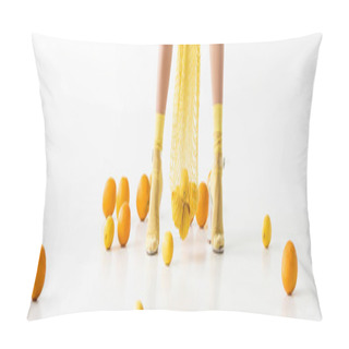 Personality  Cropped View Of Female Legs In Yellow Socks And Sandals And String Bag Near Scattered Citrus Fruits On White Background, Panoramic Shot Pillow Covers