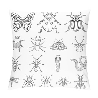 Personality  Different Kinds Of Insects Outline Icons In Set Collection For Design. Insect Arthropod Vector Symbol Stock Web Illustration. Pillow Covers