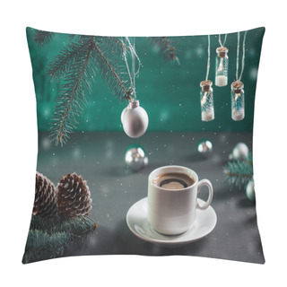 Personality  White Cup Of Coffee On The Christmas Table , An Emerald Background . Christmas Balls On The Branches Of The Christmas Tree, Vintage Garland And Cones Pillow Covers