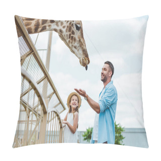 Personality  Selective Focus Of Cheerful Man Gesturing While Looking At Giraffe Near Kid In Zoo  Pillow Covers