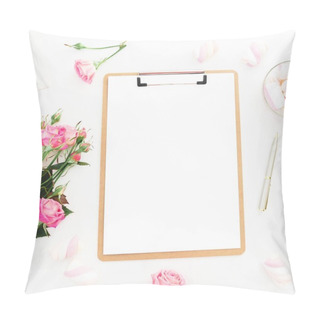Personality  Beauty Composition With Marshmallow,  Pink Roses Bouquet And Clipboard On White Background. Top View. Flat Lay. Beauty Blog, Copy Space Pillow Covers