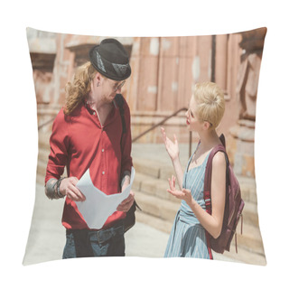 Personality  Couple Of Tourists Got Lost And Holding Map In City  Pillow Covers