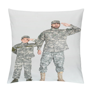 Personality  Father And Son In Military Uniforms Saluting And Looking At Camera On Grey Background Pillow Covers
