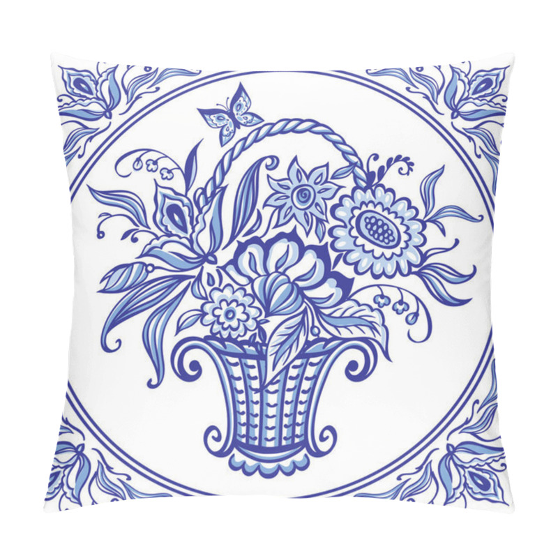 Personality  A Basket With Flowers In Blue Colors In A Patterned Frame, Delft Style Tile, Gzhel Painting, Chinese Porcelain, Vector Illustration, Decor For Various Designs. Pillow Covers