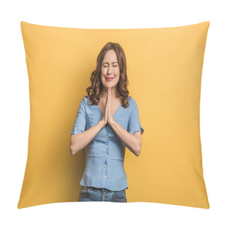 Personality  Anxious Girl Showing Praying Hands With Closed Eyes On Yellow Background Pillow Covers