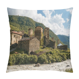 Personality  Old Weathered Buildings Against Small River Stream Against Hills, Ushguli, Svaneti, Georgia Pillow Covers