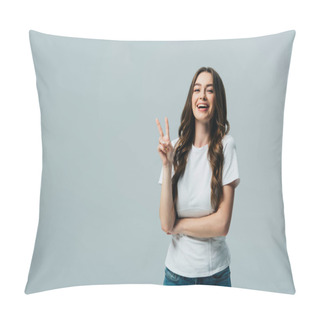 Personality  Happy Beautiful Girl In White T-shirt Showing Victory Sign Isolated On Grey Pillow Covers