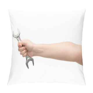 Personality  Cropped View Of Woman Holding Spanner Isolated On White  Pillow Covers