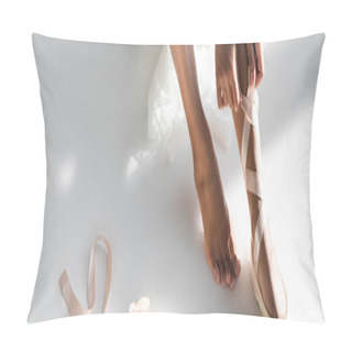 Personality  Cropped View Of Graceful African American Ballerina Tying Pointe Shoes On White Background, Banner Pillow Covers