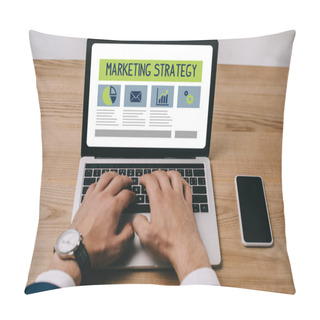 Personality  Cropped View Of Businessman Typing On Laptop With Marketing Strategy Icons Pillow Covers