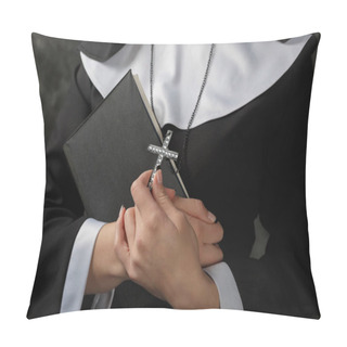 Personality  Young Nun In A Robe Holding  Bible And  Cross Against The Dark Wall. Close-up. Woman Hugging  Book Pillow Covers