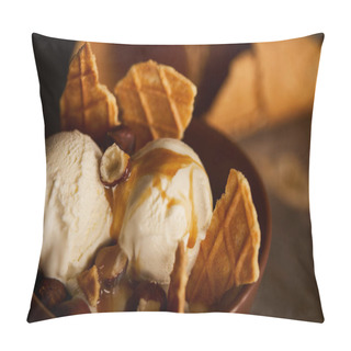 Personality  Close Up Of Delicious Ice Cream With Pieces Of Waffle, Caramel And Hazelnuts In Bowl  Pillow Covers