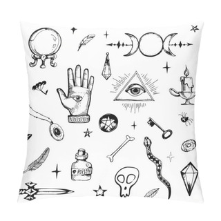 Personality  Magic Items Collection. Witchcraft Signs And Objects Set For Ritual. Wiccan Symbols. Hand Drawn Doodle Vintage Stock Illustration On White Background Pillow Covers