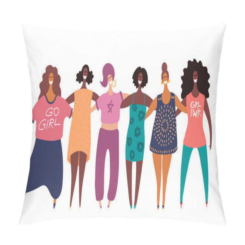 Personality  Hand drawn vector illustration of diverse modern girls together. Concept of feminism, women day card, Female cartoon characters. pillow covers