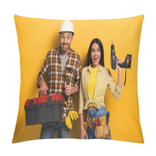 Personality  Excited Handywoman And Handyman Holding Toolbox And Electric Drill On Yellow    Pillow Covers