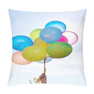 Personality  Hand Holding Bunch Of Colorful Balloons In Blue Sky Pillow Covers