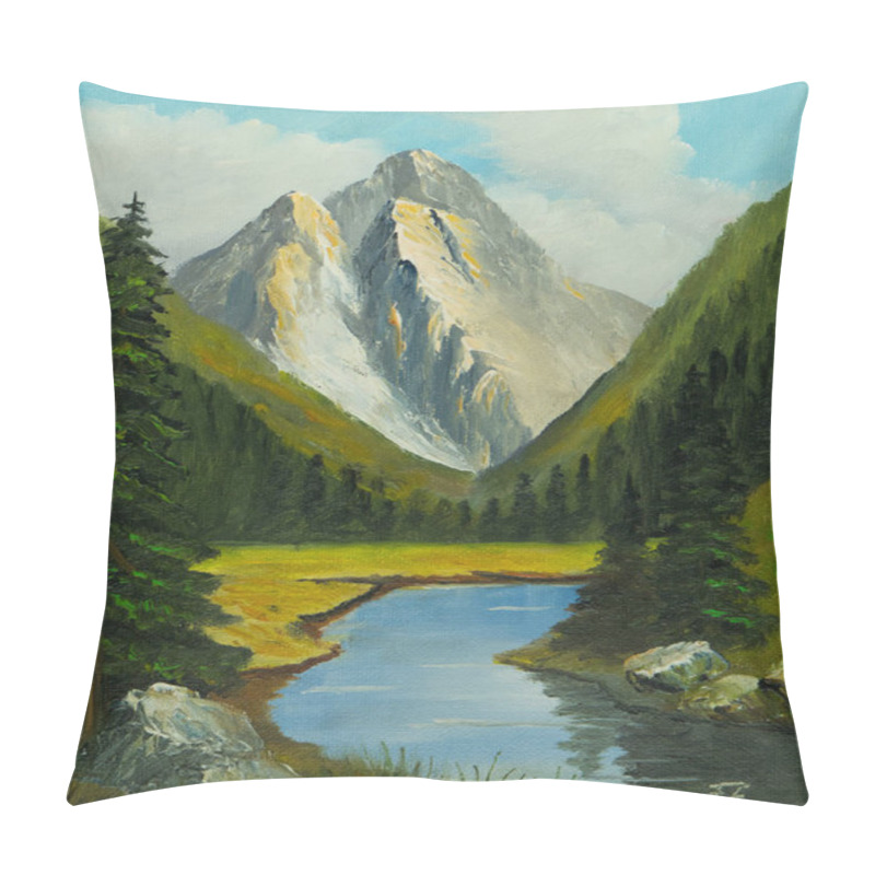 Personality  Oil painting of a narrow valley with a river and mountains in the background pillow covers