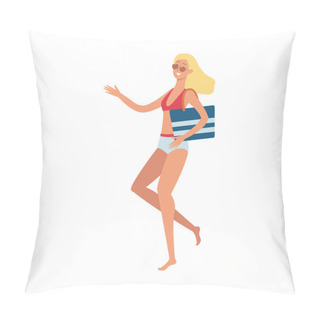 Personality  Vector Flat Cute Woman In Swimsuit Stands Smiling Pillow Covers
