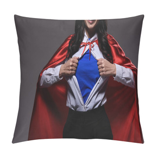Personality  Cropped Image Of Super Businesswoman In Red Cape Showing Blue Shirt Isolated On Black Pillow Covers