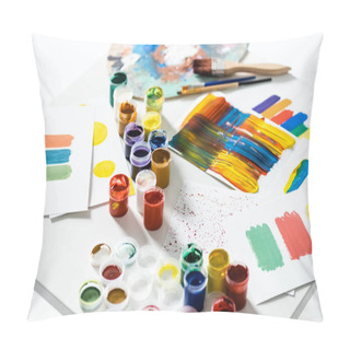 Personality  Gouache Paints, Paintbrushes And Abstract Colorful Brushstrokes On Paper On White Background Pillow Covers
